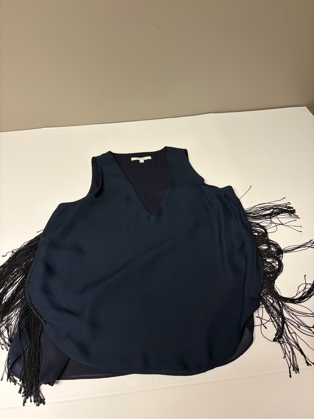Sleeveless Navy Fringe V-Neck Top